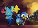  bad_deviantart_id bad_id bird bow bowtie brown_background bubble clothed_pokemon creature full_body gen_4_pokemon glitchedpuppet goggles highres jumping motion_lines no_humans penguin piplup pokemon pokemon_(creature) shinx signature yellow_eyes 