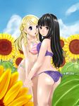  ass bad_id bad_pixiv_id bikini black_hair blonde_hair blue_eyes brown_eyes flower hair_bun highres long_hair multiple_girls original sunflower swimsuit twintails two_side_up yuzu-p 