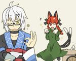  1girl ahoge animal_ears blush braid cat_ears cat_tail choker collarbone corpse dress earphones earphones_removed extra_ears green_dress kaenbyou_rin long_hair long_sleeves morichika_rinnosuke multiple_tails one_eye_closed open_mouth paw_pose pointy_ears red_eyes red_hair sag_(karehabase) short_hair silver_hair smile tail touhou twin_braids two_tails wheelbarrow yellow_eyes 