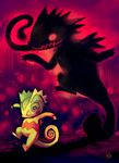  bad_deviantart_id bad_id chameleon commentary creature dark different_shadow full_body gen_3_pokemon glitchedpuppet highres huge_filesize jumping kecleon no_humans pokemon pokemon_(creature) shadow signature smile solo 