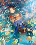  black_hair brown_eyes brown_hair earrings fish flower hair_ornament hair_rings japanese_clothes jewelry kimono lily_pad long_hair obi original parted_lips partially_submerged petals sash solo tsukioka_tsukiho water 