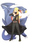  adapted_costume bad_id bad_pixiv_id belt blonde_hair boots breasts cleavage feather_boa flower full_body fur_trim garchomp gen_4_pokemon hair_ornament hair_over_one_eye high_heels highres holding holding_poke_ball lobo_(kyodai_na_robo) long_hair poke_ball pokemon pokemon_(creature) pokemon_(game) pokemon_dppt shirona_(pokemon) shoes small_breasts 