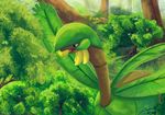  creature eating gen_3_pokemon grey_eyes mouth_hold nature no_humans outdoors pokemon pokemon_(creature) signature sitrus_berry tiina tree tropius 