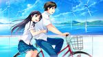  1girl :d aqua_eyes basket bicycle bicycle_basket black_hair blouse blue_pants blue_skirt blue_sky brown_hair cloud day floating_hair game_cg ground_vehicle habane_kotori happy highres hill hug hug_from_behind kono_oozora_ni_tsubasa_wo_hirogete light_rays long_hair looking_at_another minase_aoi_(konosora) multiple_riders necktie ocean open_mouth outdoors pants plaid plaid_skirt purple_eyes purple_hair riding school_uniform shirt short_sleeves sidesaddle skirt sky smile sunbeam sunlight white_blouse white_shirt wind_turbine windmill yashima_takahiro 