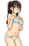  bare_shoulders blue_bra blue_panties blush bra brown_eyes brown_hair hands_on_own_chest kawazu lace lace-trimmed_bra lace-trimmed_panties long_hair looking_at_viewer navel original panties simple_background solo underwear underwear_only white_background 