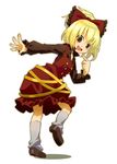  blonde_hair bow brown_eyes dress hair_bow kurodani_yamame looking_at_viewer looking_back open_mouth pinafore_dress pointing pointing_at_self ponytail short_hair simple_background smile solo touhou white_background zaza_(x-can01) 