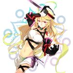  ahoge arm_up bad_id bad_pixiv_id bandeau blonde_hair choker detached_sleeves gloves gradient_hair green_hair hyakuhachi_(over3) long_hair midriff milla_maxwell multicolored_hair navel purple_eyes red_eyes skirt smile solo strapless sword tales_of_(series) tales_of_xillia tubetop weapon xillia_symbol 
