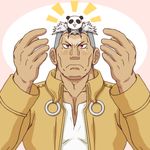  :3 animal animal_on_head artist_request blush closed_mouth coat collar collarbone cross_eyed dark_skin dark_skinned_male frown fullmetal_alchemist grey_hair hands_up jewelry long_sleeves male_focus on_head panda red_eyes ring scar scar_(fma) silver_hair upper_body xiao-mei 