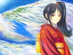  black_hair cloud day dragon flat_chest japanese_clothes kimono light_smile lips long_hair looking_at_viewer obi original ryourou_(edexigerero) sash side_ponytail sky solo upper_body yellow_eyes 