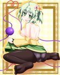  ass back black_legwear blush breasts eyeball flower green_eyes green_hair hair_flower hair_ornament heart heart_of_string highres kanarai_taru komeiji_koishi medium_breasts nipples no_hat no_headwear open_mouth panties panties_under_pantyhose pantyhose short_hair sitting skirt smile solo third_eye touhou twintails underwear 