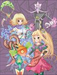  2girls arlon_the_serene blonde_hair dress electricity eleka facial_hair gloves green_eyes kid_icarus kid_icarus_uprising long_hair monocle moustache multiple_girls mustache nachure nintendo one-eyed one_eye phosphora ponytail purple_eyes purple_skin scar short_hair staff viridi white_hair 