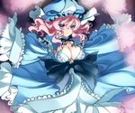  blue_eyes breasts cleavage cosmos_(the_crying_moon) hat japanese_clothes large_breasts light_smile no_bra outstretched_arms pink_hair saigyouji_yuyuko short_hair solo spread_arms touhou 