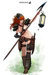  asymmetrical_clothes bikini_top breasts cleavage copyright_name epaulettes green_eyes headdress jewelry kingdom_death lantern large_breasts lokman_lam long_hair machete mole navel necklace orange_hair polearm pouch solo spear weapon 