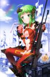  ahoge ai_arctic_warfare bad_id bad_pixiv_id blush bodysuit bolt_action cup drinking_straw green_eyes green_hair gun highres holding light_rays mecha_musume navel original rifle sitting sniper_rifle solo sunbeam sunlight swordsouls weapon 