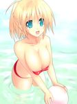  ball bare_shoulders beachball bikini blonde_hair blue_eyes braid breast_squeeze breasts cleavage collarbone large_breasts looking_at_viewer open_mouth original short_hair single_braid smile solo swimsuit water yamaura_tamaki 