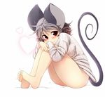  aki_(akikaze_asparagus) animal_ears bare_legs barefoot blush bottomless breasts commentary_request covered_nipples curly_hair full_body grey_hair hands_on_own_knees heart long_sleeves looking_at_viewer medium_breasts motion_lines mouse_ears mouse_girl mouse_tail naked_sweater nazrin nipples red_eyes ribbed_sweater short_hair simple_background sitting smile solo sweater tail toe_scrunch touhou 