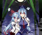  :o arm_grab armband bamboo blue_dress blue_hair bow breasts cosmos_(the_crying_moon) dress dress_shirt flying_sweatdrops fog fujiwara_no_mokou full_moon hair_bow hand_on_own_face hat kamishirasawa_keine large_breasts long_hair long_sleeves looking_at_viewer moon multiple_girls necktie night open_mouth pants red_eyes shaded_face shirt short_sleeves sky speech_bubble spoken_flying_sweatdrops suspenders sweatdrop tears touhou very_long_hair 