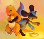  bad_id blue_eyes charmander claws eyelashes fangs full_body gen_1_pokemon gen_4_pokemon glitchedpuppet gradient gradient_background highres no_humans orange_background pokemon pokemon_(creature) riolu tail-tip_fire tears tickling yellow_background 