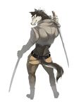  belt blue_eyes boots canine claws clothed clothing dual_wielding fangs fur grey_fur growling jacket looking_at_viewer looking_back mammal plain_background scar shoes standing sword weapon white_background white_fur wolf 