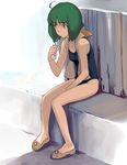  a1 ahoge green_hair juice_box legs macross macross_frontier one-piece_swimsuit ranka_lee red_eyes sandals short_hair sitting solo swimsuit towel towel_around_neck 