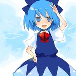  blue_eyes blue_hair bow cirno lowres rin_(royal) smile solo touhou v wings 