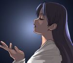  blue_background blush from_side idolmaster idolmaster_(classic) idolmaster_1 kisaragi_chihaya long_hair long_sleeves open_clothes open_mouth purple_hair shirt simple_background solo teeth white_shirt yu_65026 