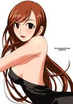  back backless_dress backless_outfit bare_back breasts brown_eyes brown_hair dress long_hair medium_breasts open_mouth original ryu_(ryu's_former_site) sideboob smile solo 