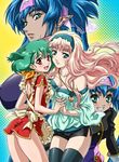  ass blonde_hair blue_eyes blue_hair blush breast_press breasts cleavage dual_persona green_eyes green_hair hairband headband iyou klan_klein large_breasts long_hair macross macross_frontier medium_breasts miniskirt multiple_girls open_mouth pointy_ears ranka_lee red_eyes sheryl_nome short_hair skirt thighhighs twintails very_long_hair yukkyun 