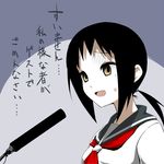  black_hair kaga_ai lowres maskman microphone microphone_stand mole mole_under_eye nervous open_mouth ponytail sayonara_zetsubou_sensei school_uniform serafuku solo sweatdrop translated turn_pale yellow_eyes 