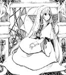  capelet dress greyscale head_scarf long_hair long_sleeves looking_to_the_side monochrome rin_(royal) rozen_maiden sitting smile solo suiseiseki very_long_hair 