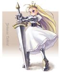  armor armored_dress blonde_hair blue_eyes boots brown_background character_name company_connection cosplay cyberbots devilot_de_deathsatan_ix dress forehead full_body hair_slicked_back huge_weapon katahira_masashi knee_boots long_hair parody princess_crown solo sword weapon white_dress 