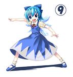  1girl blue_eyes blue_hair bow cirno pointing sakumo_(karatama) short_hair smile solo touhou wings 