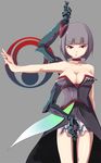  bangs bare_shoulders black_dress blunt_bangs breasts cleavage collarbone cowboy_shot dress hong_meiling johnny_funamushi large_breasts legs_apart looking_at_viewer original outstretched_arm silver_hair solo standing strapless strapless_dress 