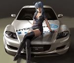  ahoge arm_support blue_hair boots breasts car cleavage crossed_legs fingerless_gloves glasses gloves green_eyes ground_vehicle legs mazda mazda_rx-8 medium_breasts miniskirt motor_vehicle on_vehicle sitting skirt smile solo thighhighs zettai_ryouiki zipper 
