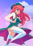  bare_shoulders blue_eyes braid cleavage_cutout fighting_stance garter_straps hat hong_meiling long_hair omuni red_hair solo standing standing_on_one_leg thighhighs thighs touhou twin_braids white_legwear wrist_cuffs 