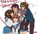  3girls :d :o asahina_mikuru blazer blue_sailor_collar blue_skirt closed_eyes cowboy_shot gakuran grin hairband jacket kita_high_school_uniform koizumi_itsuki kyon long_sleeves multiple_boys multiple_girls nagato_yuki open_mouth orange_hair pants purple_hair sailor_collar school_uniform serafuku shirt short_hair simple_background skirt smile standing suzumiya_haruhi suzumiya_haruhi_no_yuuutsu tashimo teeth thank_you white_background white_shirt yellow_eyes 