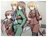  3girls :&lt; blonde_hair blue_eyes blush brown_hair closed_eyes closed_mouth fate_testarossa flying_sweatdrops formal glasses hair_ornament harem hug jacket long_hair low-tied_long_hair lyrical_nanoha mahou_shoujo_lyrical_nanoha_strikers military military_uniform multiple_girls necktie one_eye_closed pantyhose pencil_skirt ponytail purple_eyes red_hair satofuji_masato short_hair skirt skirt_suit suit sweatdrop takamachi_nanoha tsab_ground_military_uniform uniform v-shaped_eyebrows very_long_hair x_hair_ornament yagami_hayate yuuno_scrya 