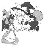  apron bare_shoulders bow broom broom_riding detached_sleeves eye_contact flying frilled_bow frills full_body greyscale hair_bow hakurei_reimu hat hat_bow heart kirisame_marisa looking_at_another monochrome multiple_girls ponytail randou ribbon-trimmed_sleeves ribbon_trim shoes sketch touhou waist_apron wavy_hair wide_sleeves witch_hat 