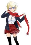  bad_id bad_pixiv_id black_legwear blazer blonde_hair blue_eyes copyright_request glasses jacket kimky plaid plaid_skirt pleated_skirt red-framed_eyewear red_scarf scarf school_uniform see-through shirt short_hair skirt solo thighhighs zettai_ryouiki 