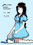  barefoot birthday black_hair blue_eyes dress eka_eri gift holding holding_gift kneeling long_hair original solo 