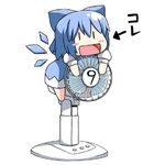  1girl :d air_conditioner blue_hair blush_stickers bow cirno dress electric_fan hair_ribbon lowres masuneko mundane_utility open_mouth ribbon smile solo touhou translated |_| 