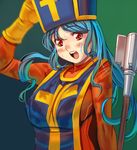  blue_hair blush bodysuit dragon_quest dragon_quest_iii gloves hat mace masao mitre orange_bodysuit priest_(dq3) red_eyes solo tabard upper_body weapon 