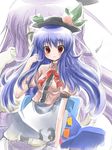  bad_id bad_pixiv_id blue_hair blush food fruit hair_flip hat highres hinanawi_tenshi long_hair paopao peach ribbon smile solo touhou zoom_layer 