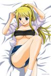  bandeau bed blonde_hair blue_eyes breasts denim denim_shorts fullmetal_alchemist large_breasts long_hair lying midriff open_clothes open_shirt panties ponytail satou_chagashi shirt shorts socks solo strapless thighs tubetop underboob underwear winry_rockbell 