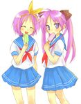  food hiiragi_kagami hiiragi_tsukasa lucky_star multiple_girls popsicle ryouou_school_uniform sakamoto_atsumu school_uniform serafuku 