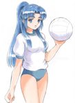  asakura_ryouko ball blue_eyes blue_hair blush buruma fujita_(speedlimit) gym_uniform highres long_hair ponytail solo suzumiya_haruhi_no_yuuutsu volleyball 