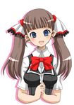  blue_eyes blush brown_hair copyright_request hands_together looking_at_viewer open_mouth pochi_(pochi-goya) school_uniform simple_background smile solo twintails upper_body white_background 