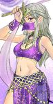  blue_eyes bracelet copyright_request dancer grey_hair jewelry long_hair midriff navel nekoguchi purple_eyes solo sword veil weapon 