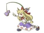  blue_skirt blush bottle bow bowtie fishing_rod gourd hair_bow horns ibuki_suika long_hair low-tied_long_hair oni outstretched_arm peconica red_bow red_eyes red_neckwear skirt solo touhou very_long_hair 