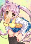  bent_over blush copyright_request dressing food food_in_mouth kusui_aruta mouth_hold purple_hair school_uniform solo thighhighs toast toast_in_mouth twintails yellow_eyes 